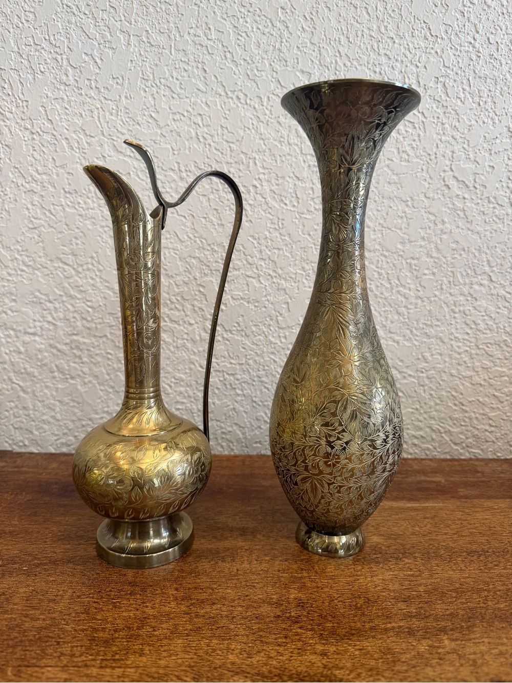 ZY India Brass Ewer Pitcher & Tall Floral Engraved Vase Set of 2